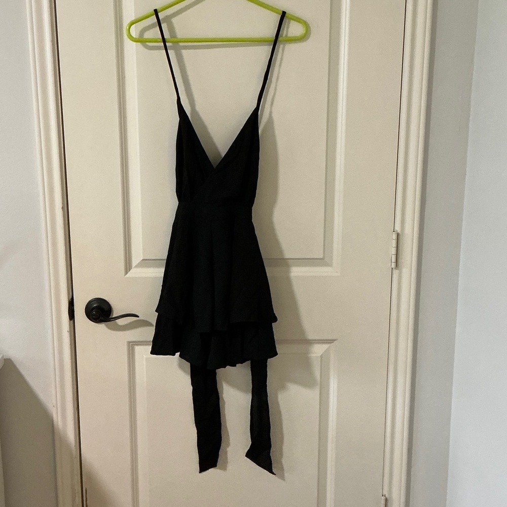 Hayden Black One-Shoulder Mini Dress with Draped Tie